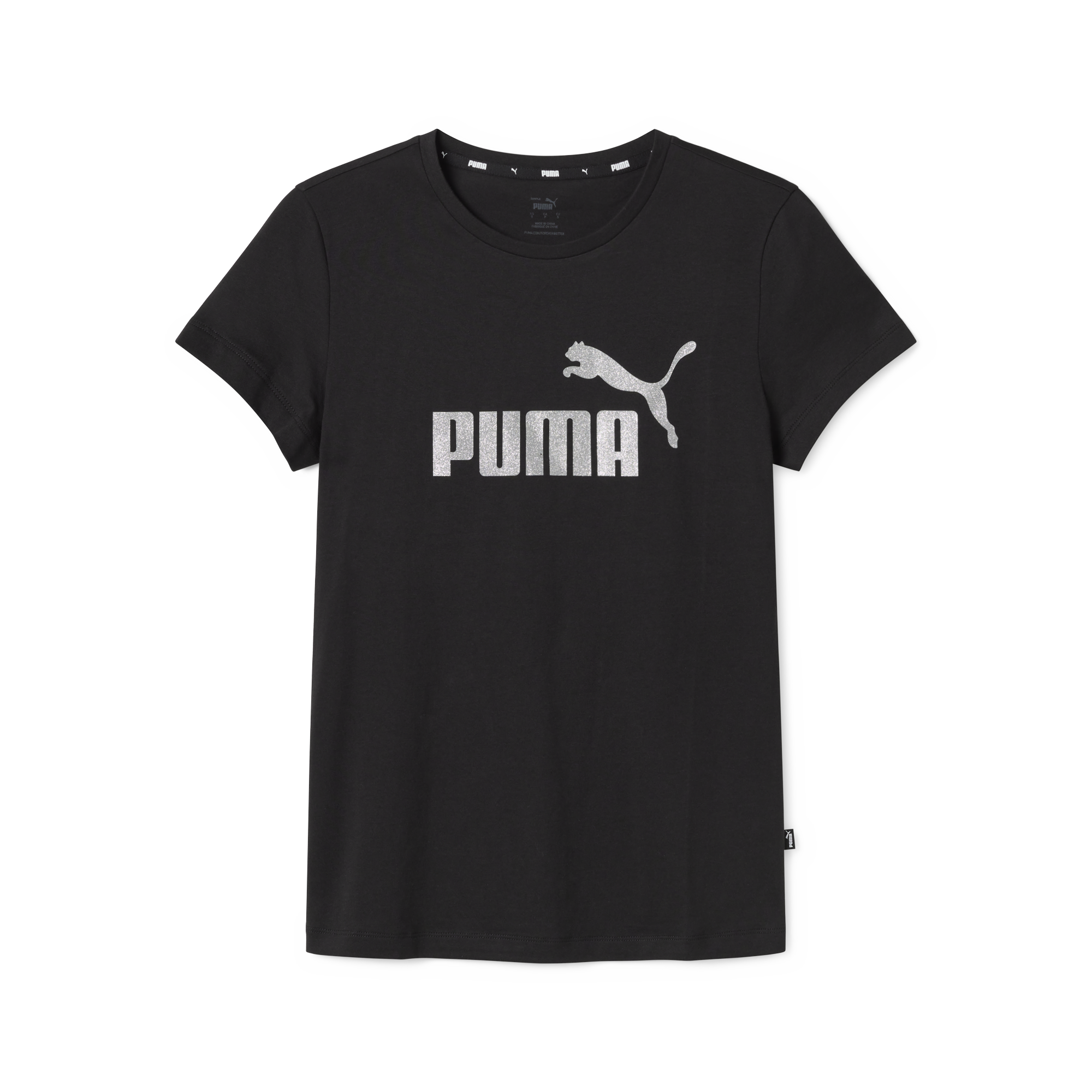 T-shirt nera da donna con logo grigio glitterato Puma Essentials+, Abbigliamento Sport, SKU a712000234, Immagine 0